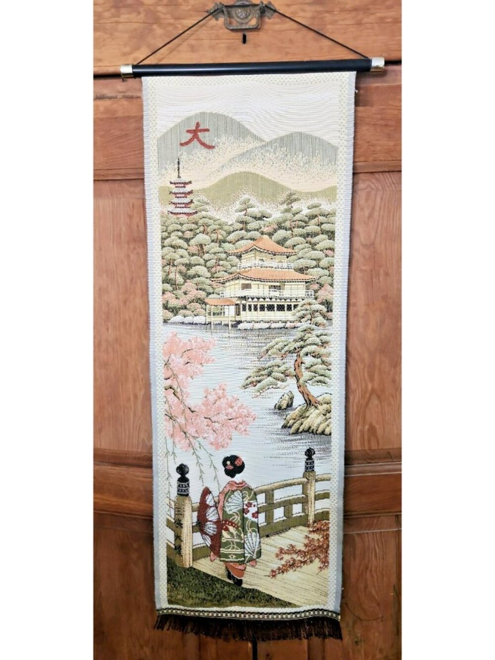 Vtg Japanese Woven Tapestry Scroll Wall Hanging Kyoto Kinkakuji Temple Geisha